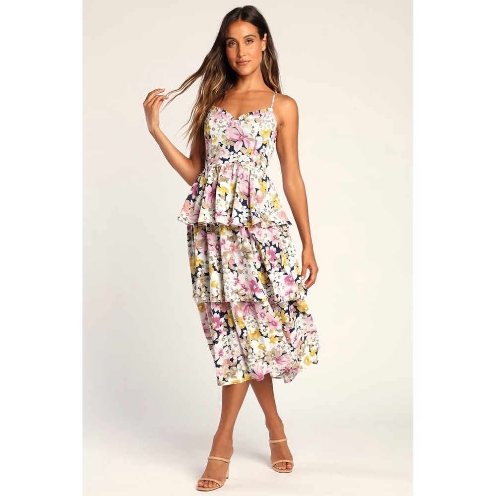 Lulu’s Boldly Blossoming Purple Multi Floral Tiered Ruffled Midi Dress Small
